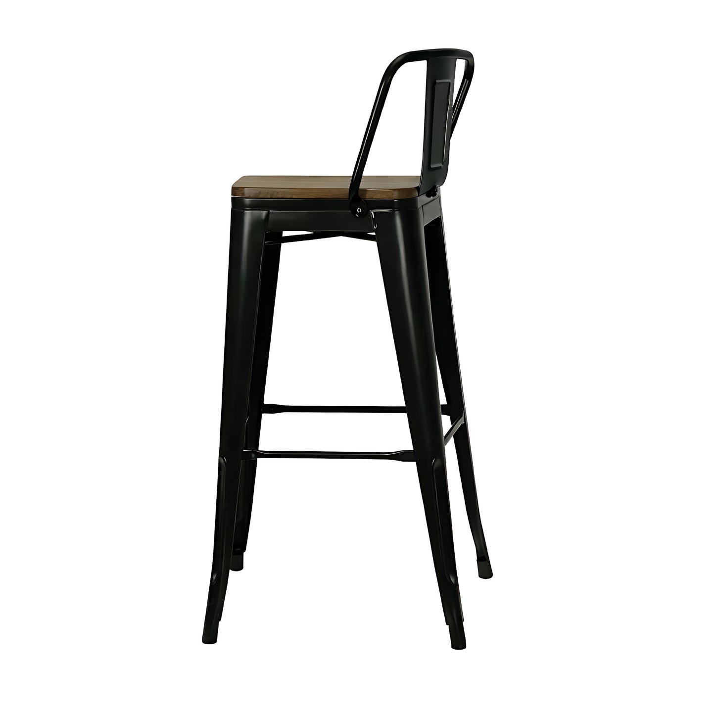 Taburete metálico Tolix negro vista lateral con asiento de madera