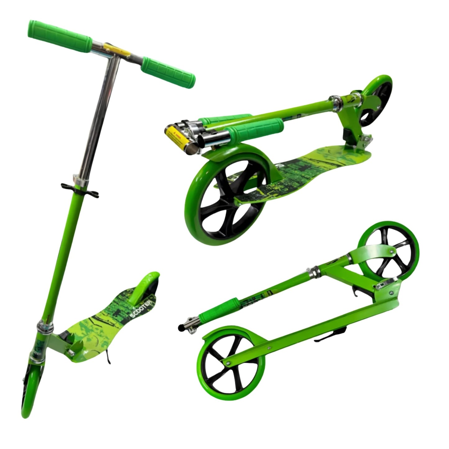 Monopatín verde con base tipo guitarra para recreación y uso diario