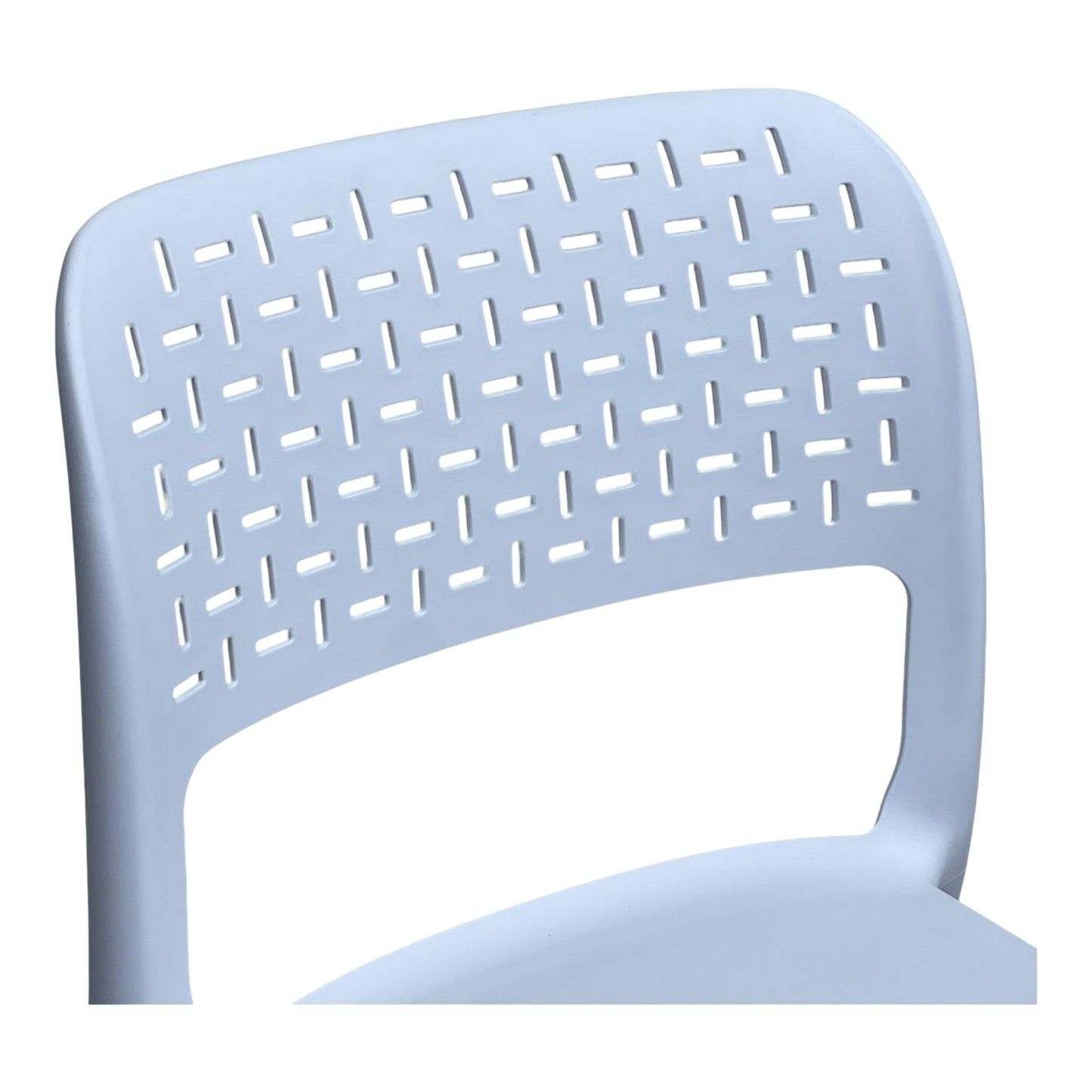 Silla azul con respaldo curvo calado para cafetería y restaurante