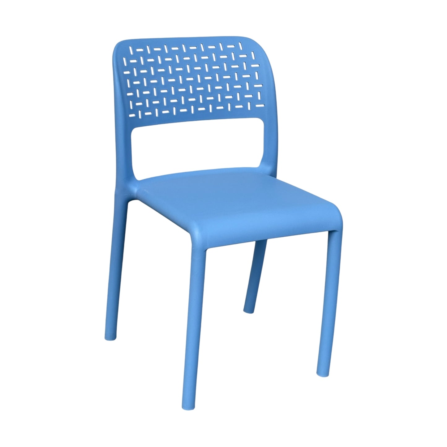 Silla azul con respaldo calado para comedor moderno y uso exterior