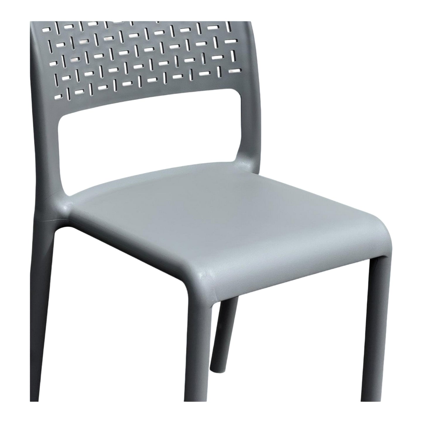 Silla gris vista lateral con respaldo calado para cocina y terraza