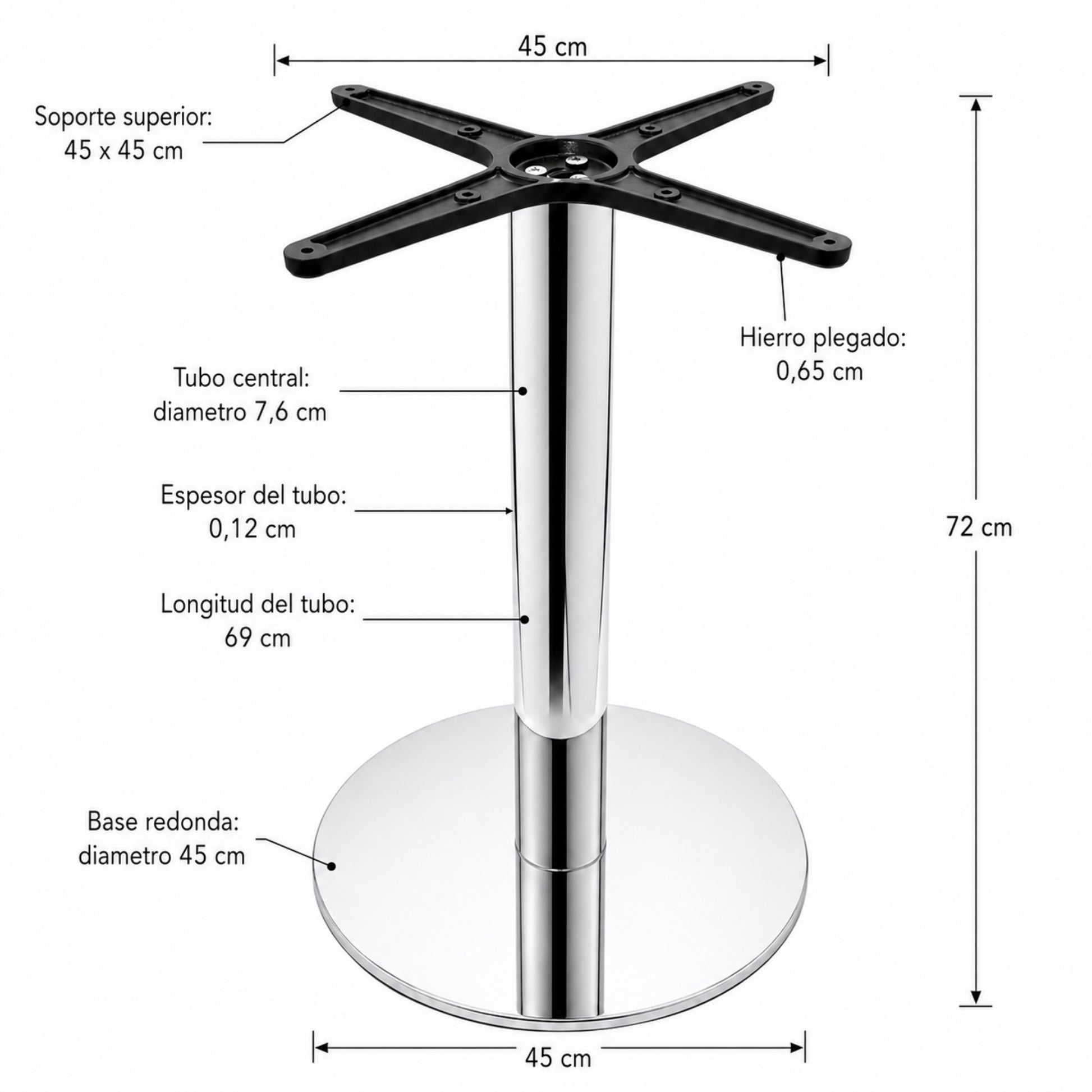 Base metálica cromada para mesa de comedor, bar y espacios modernos