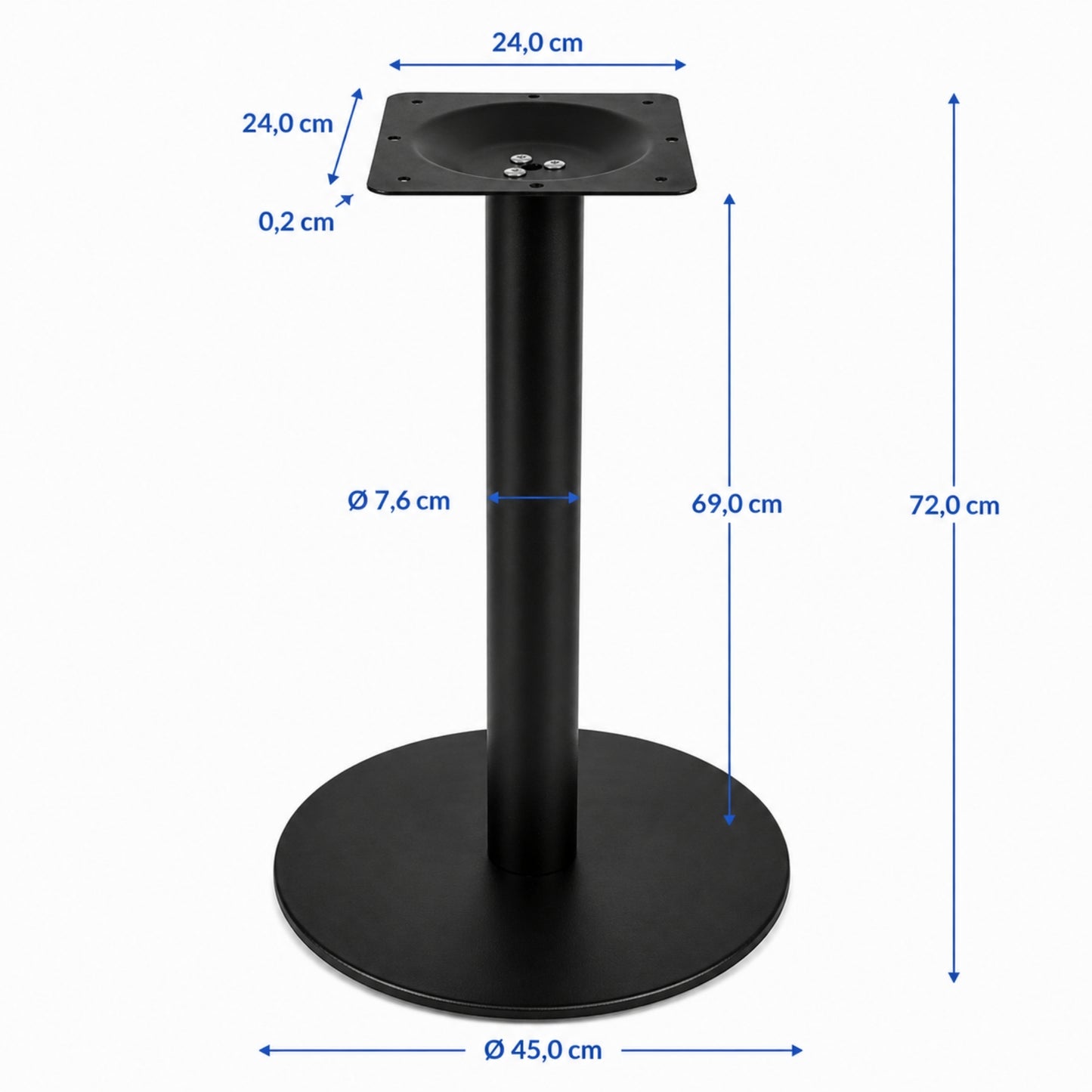 Base metálica negra con cuerpo tubular para mesa de restaurante y cafetería
