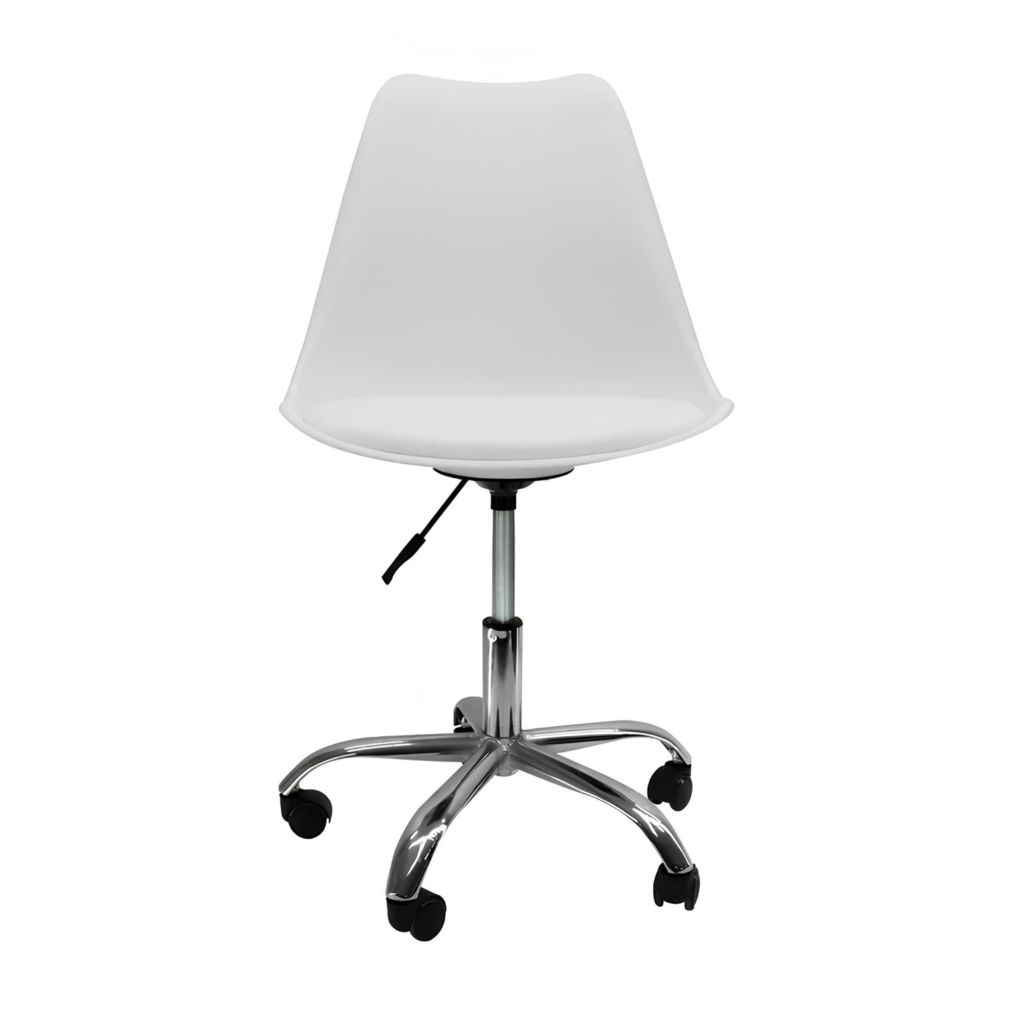 Silla Eames blanca con ruedas y altura ajustable para escritorio y habitación