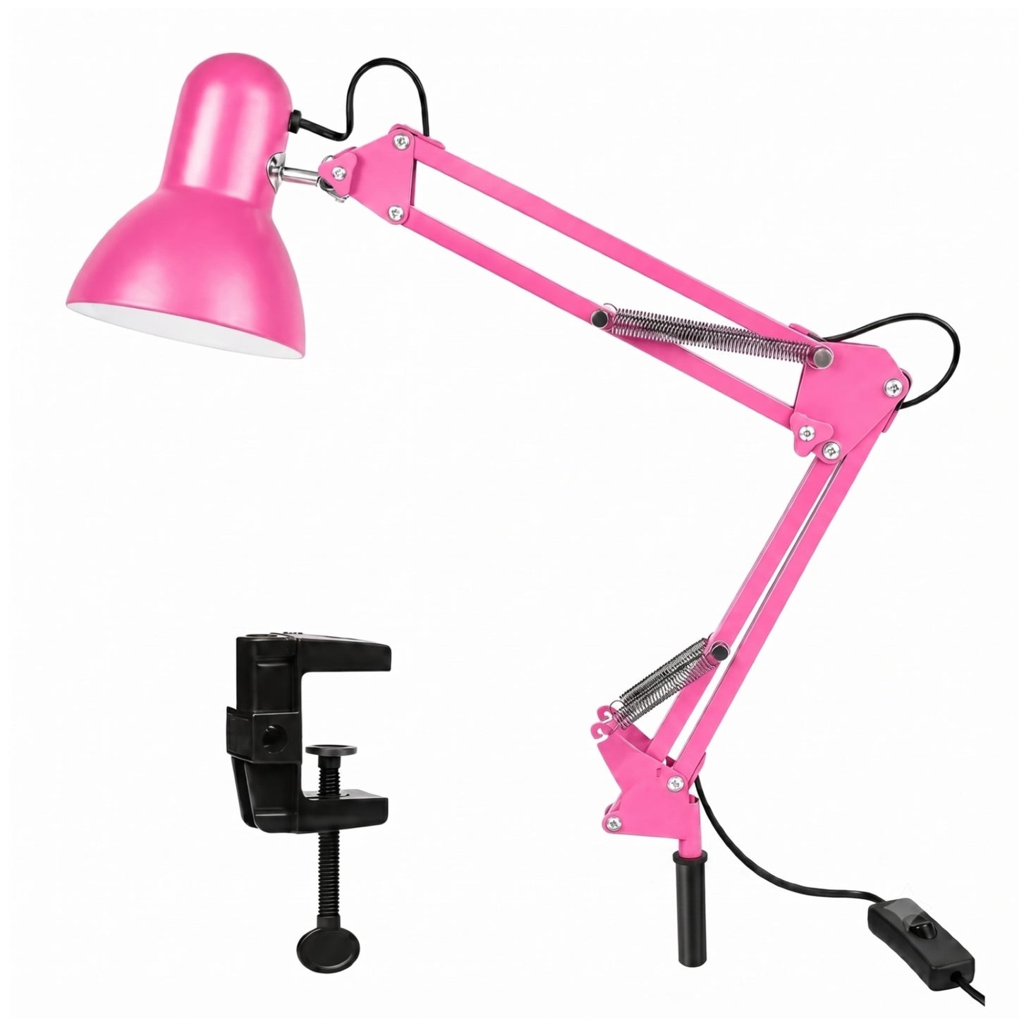 Lámpara metálica rosada con brazo flexible para mesa de noche y escritorio