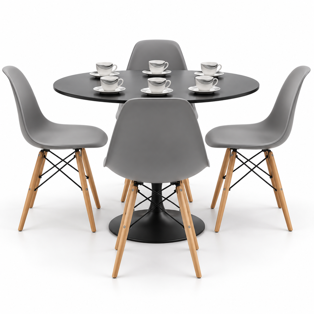 Comedor Sonic Negro de 4 Puestos con Sillas Eames y Set de Pocillos Gratis