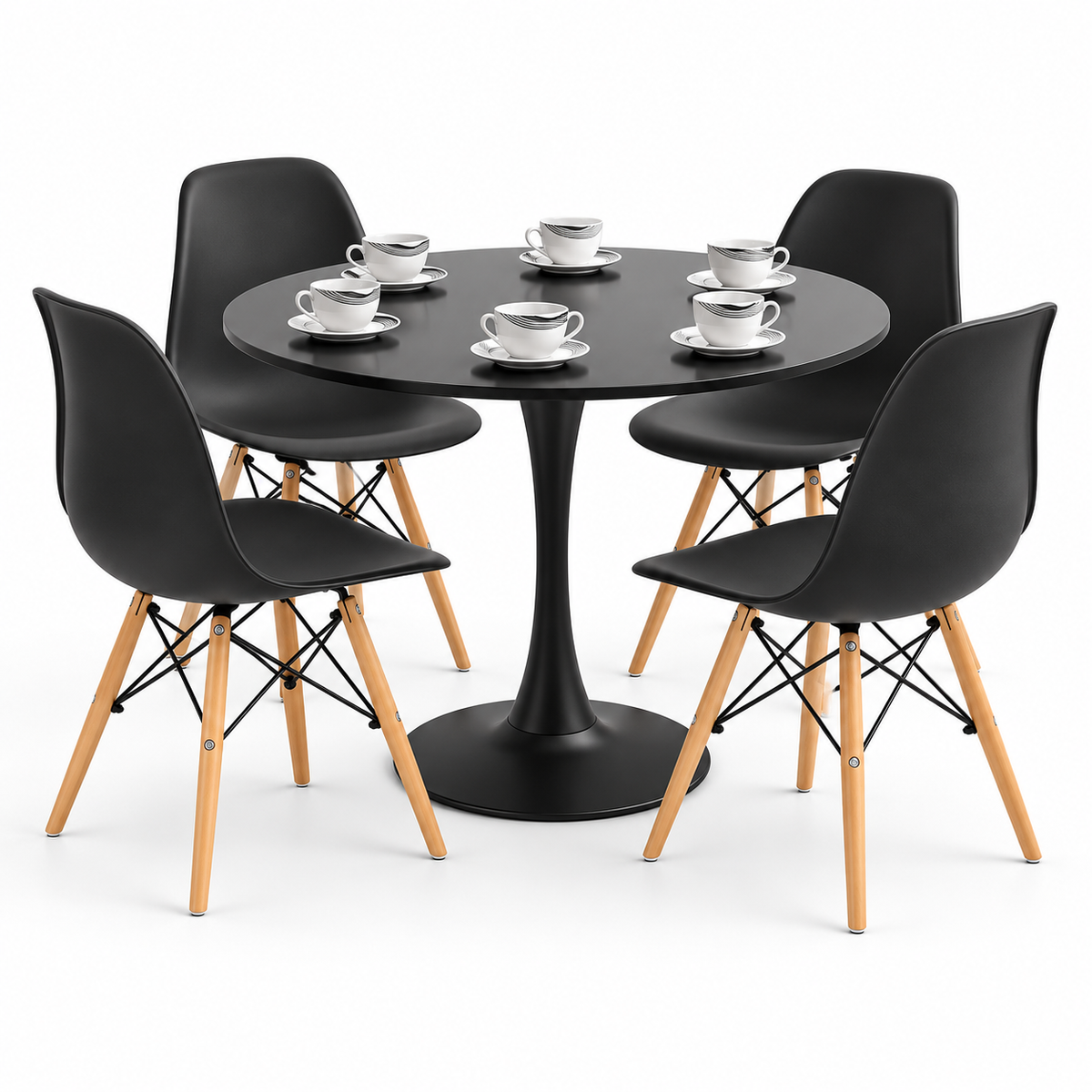 Comedor Sonic Negro de 4 Puestos con Sillas Eames y Set de Pocillos Gratis