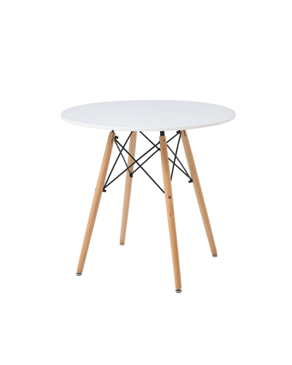 Mesa Eames redonda blanca de 80 cm con patas de madera para comedor o negocio