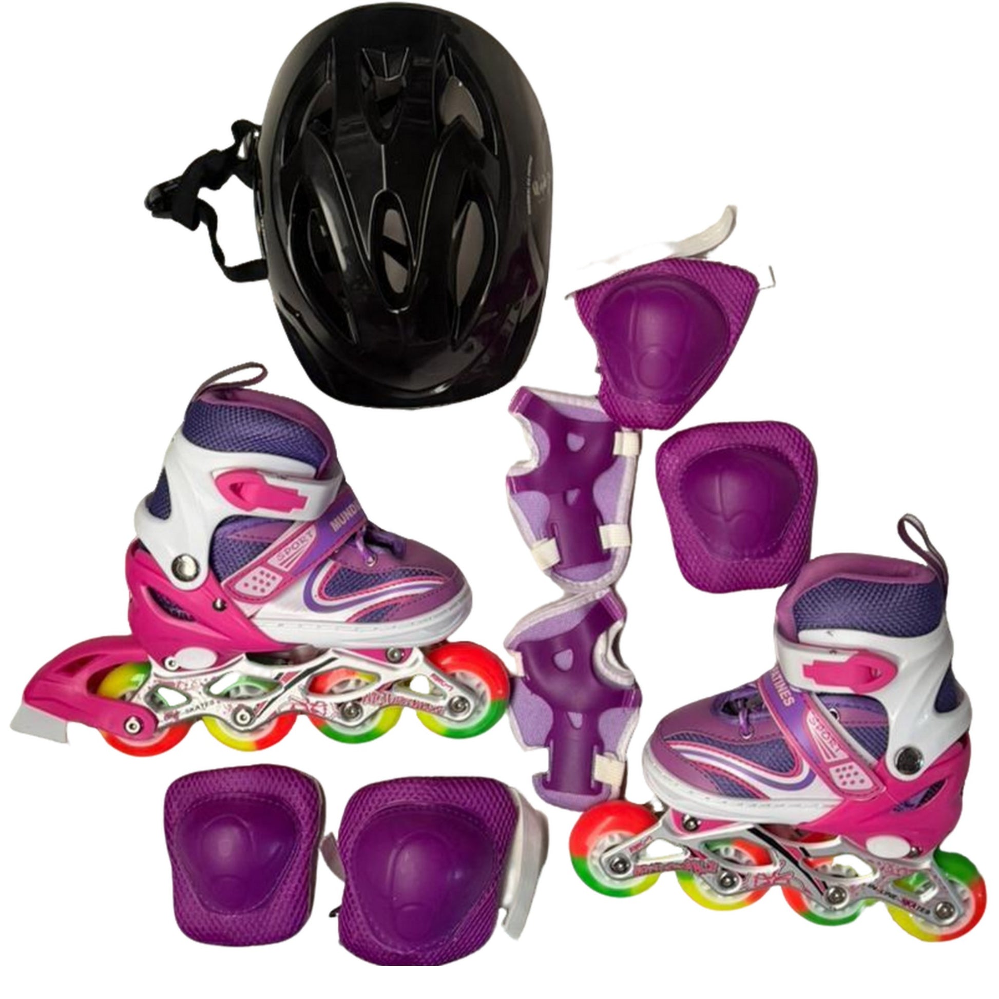 Patines morados con protecciones para patinaje infantil, recreación y seguridad