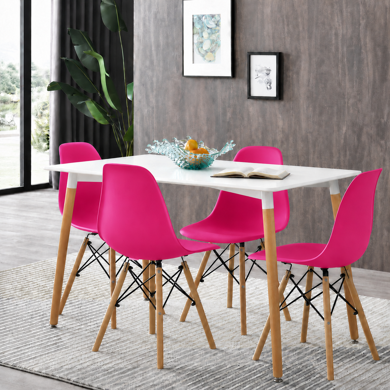 Comedor rectangular con sillas Eames de colores para hogar