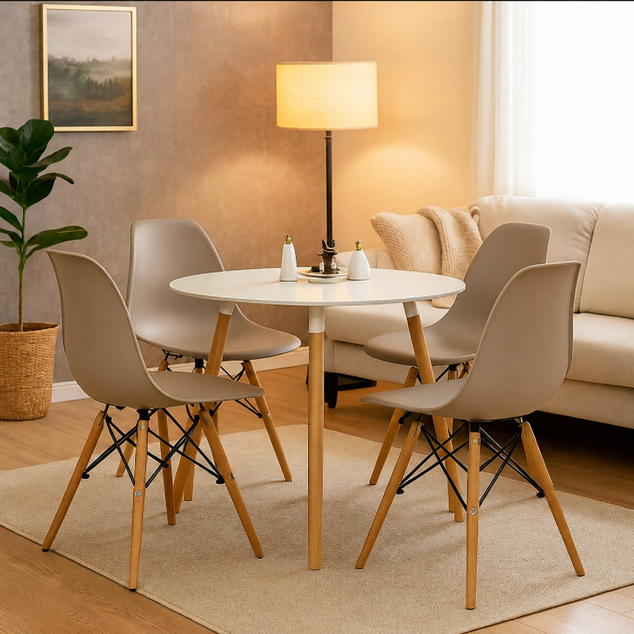 Comedor Minimalista Mesa Redonda (3 soportes) con Silla Eames Premium