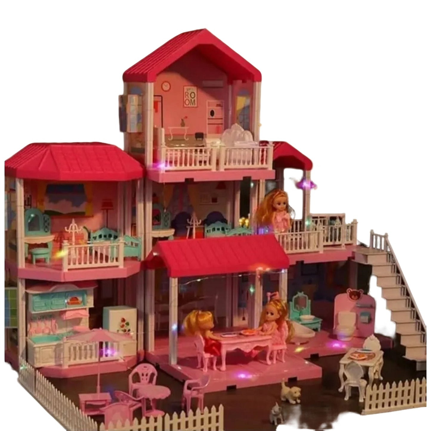 Casa De Muñecas 4 Pisos Con Luces Muebles y Figuras, 366 Piezas