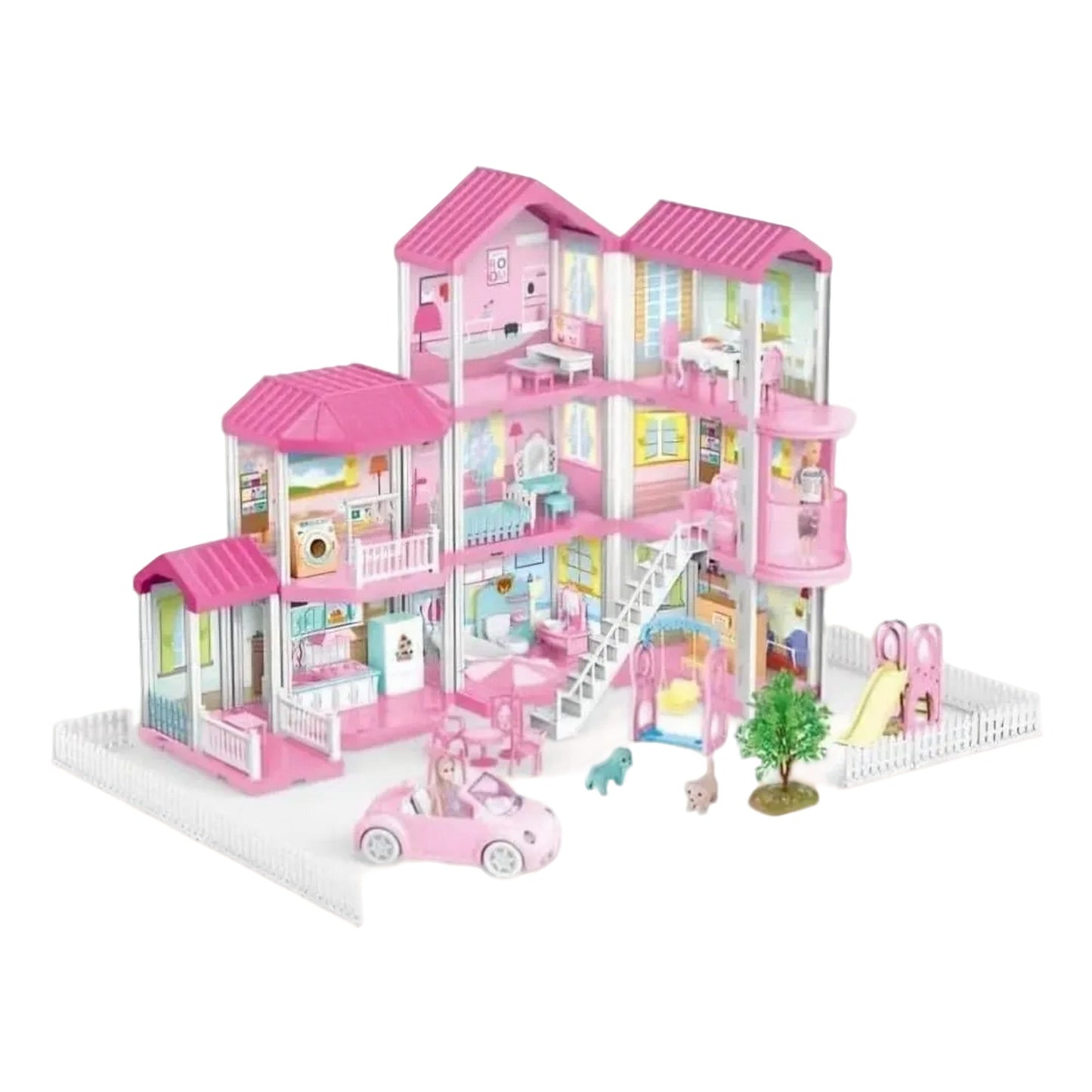 Casa De Muñecas 4 Pisos Con Luces Muebles y Figuras, 366 Piezas