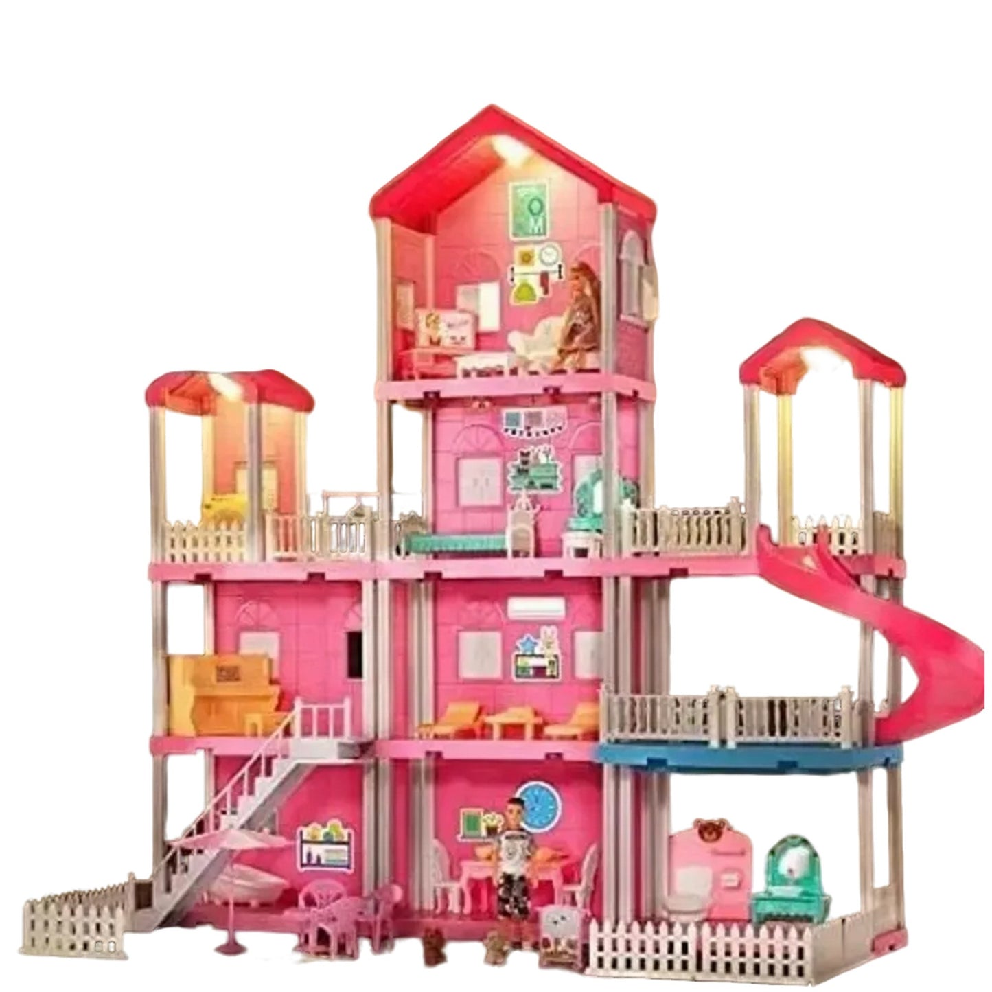 Casa De Muñecas 4 Pisos Con Luces Muebles y Figuras, 185 Piezas