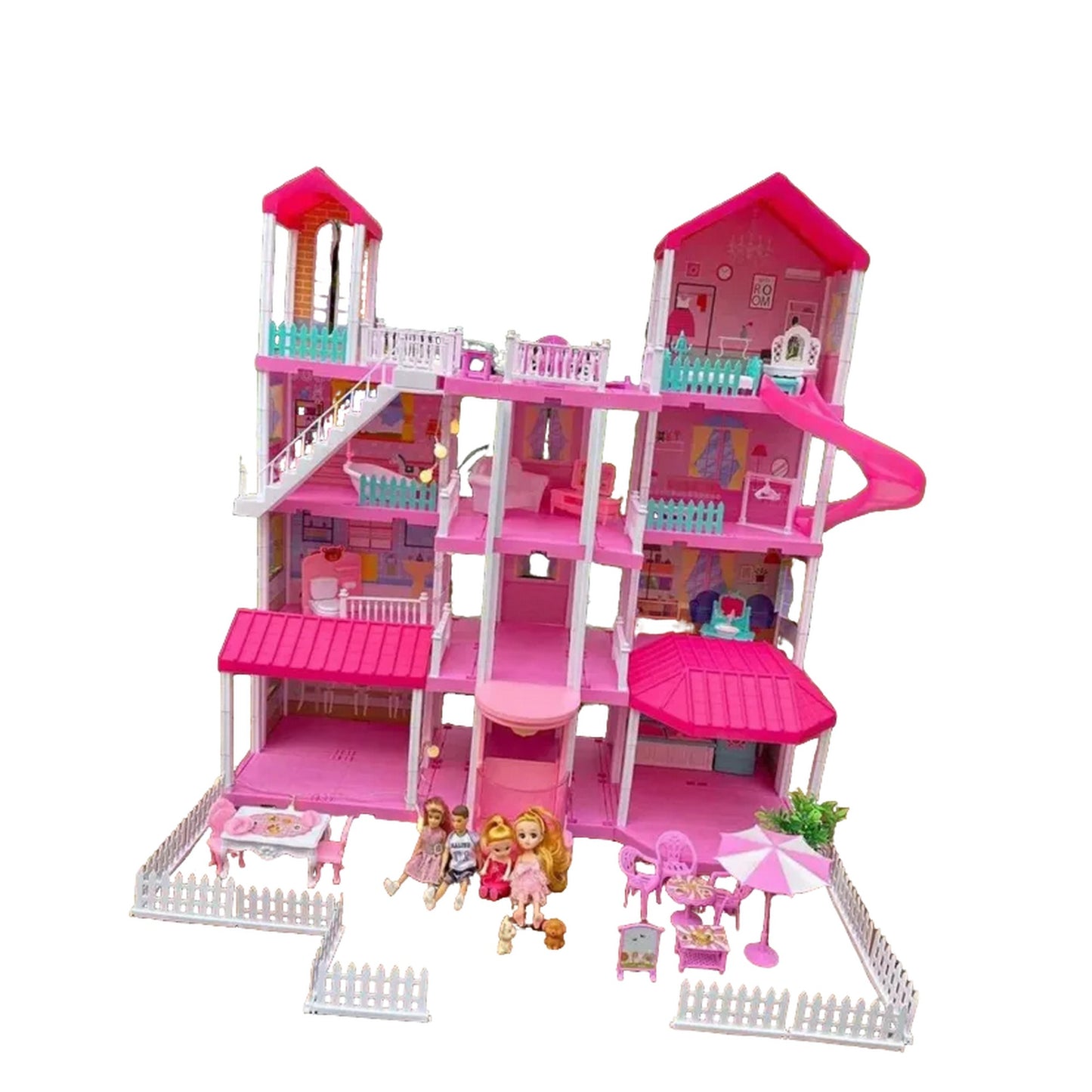 Casa De Muñecas 4 Pisos Con Luces Muebles y Figuras, 185 Piezas