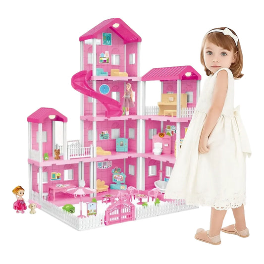 Casa De Muñecas 4 Pisos Con Luces Muebles y Figuras, 185 Piezas