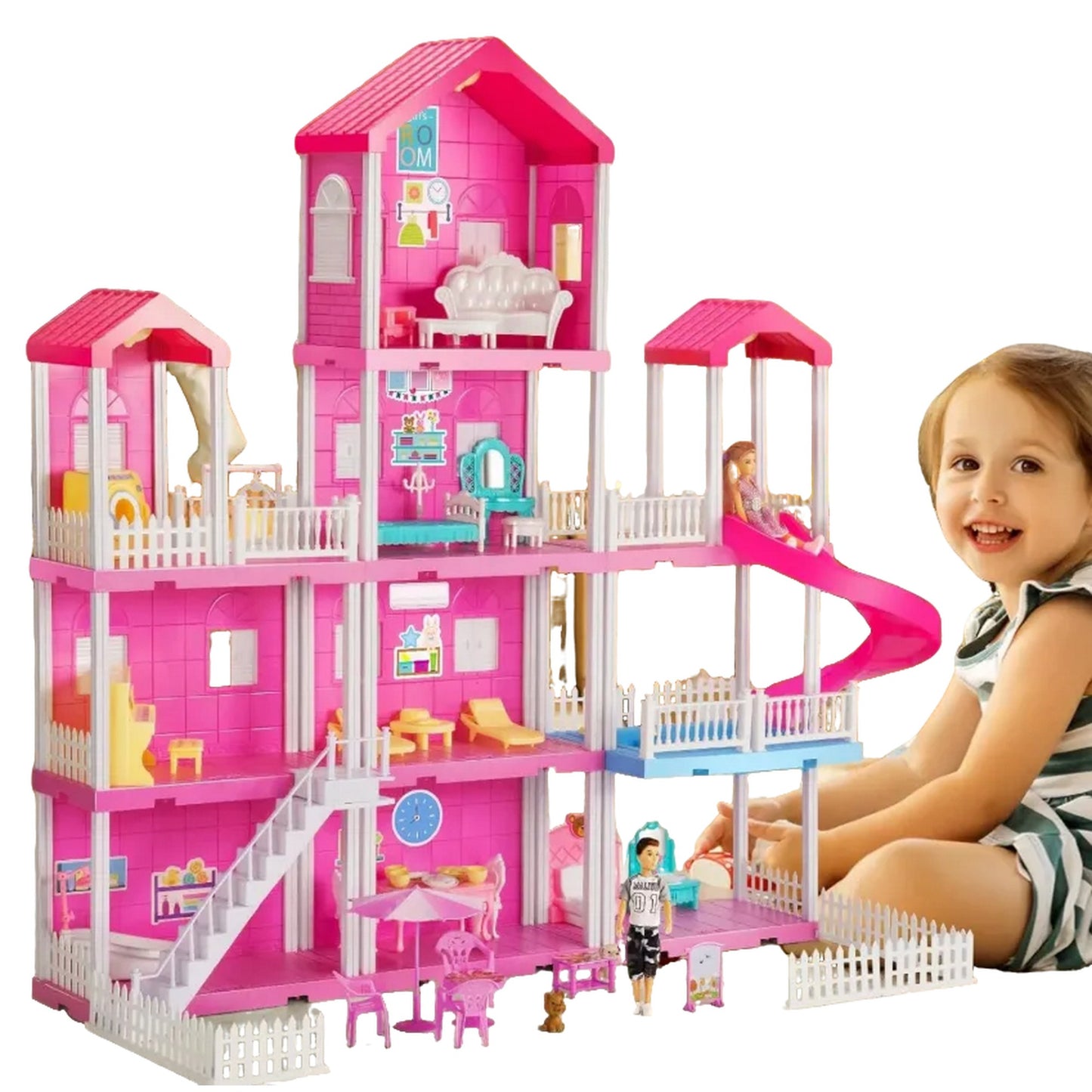 Casa De Muñecas 4 Pisos Con Luces Muebles y Figuras, 185 Piezas