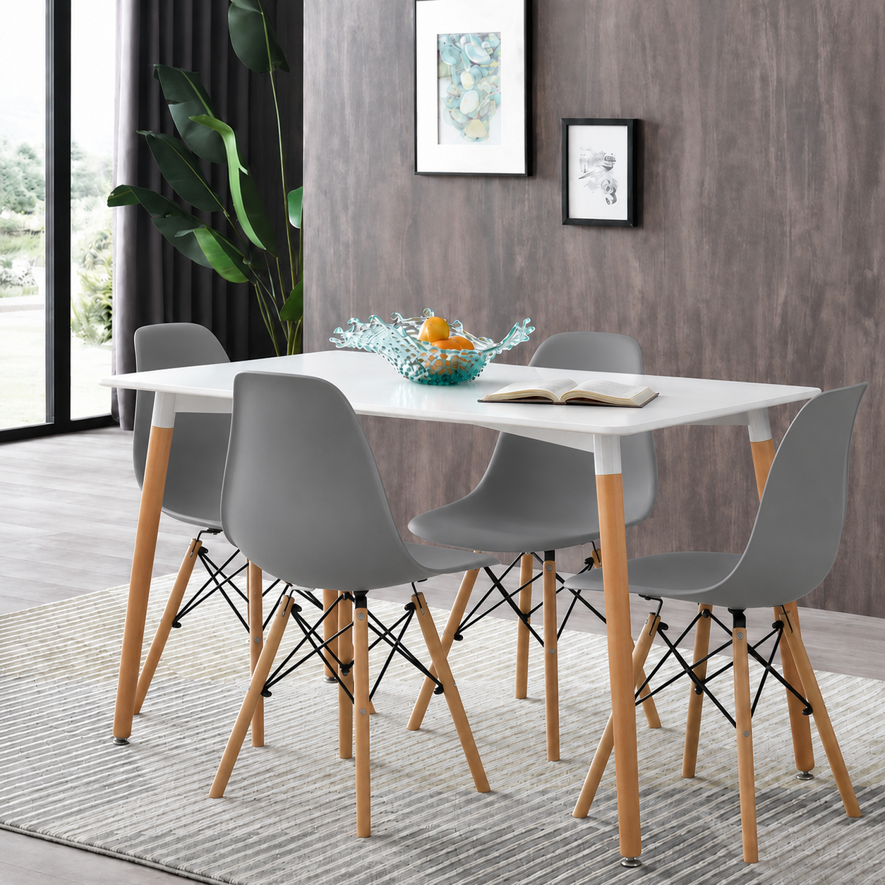 Mesa rectangular con sillas Eames grises para comedor familiar