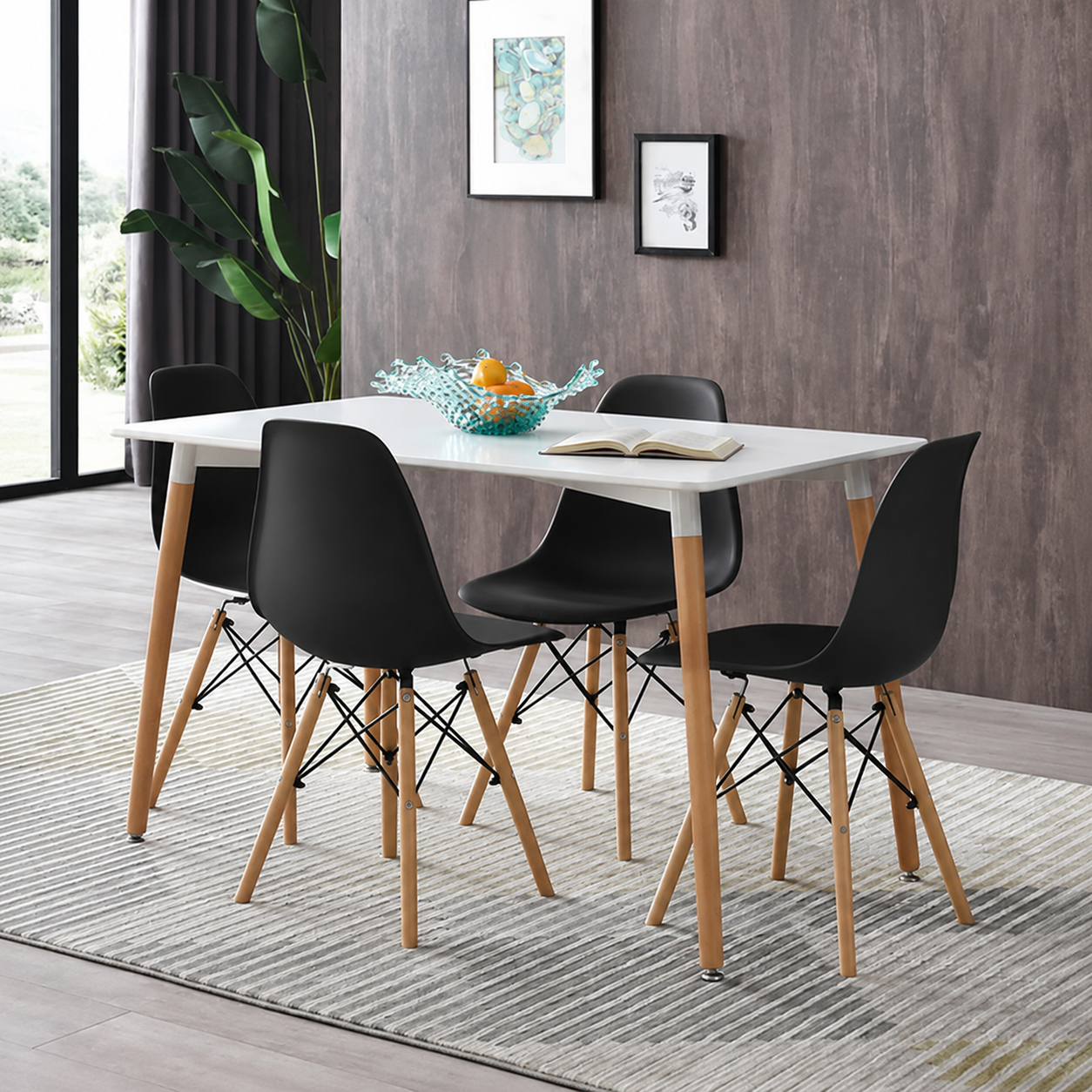 Comedor rectangular elegante con sillas Eames negras
