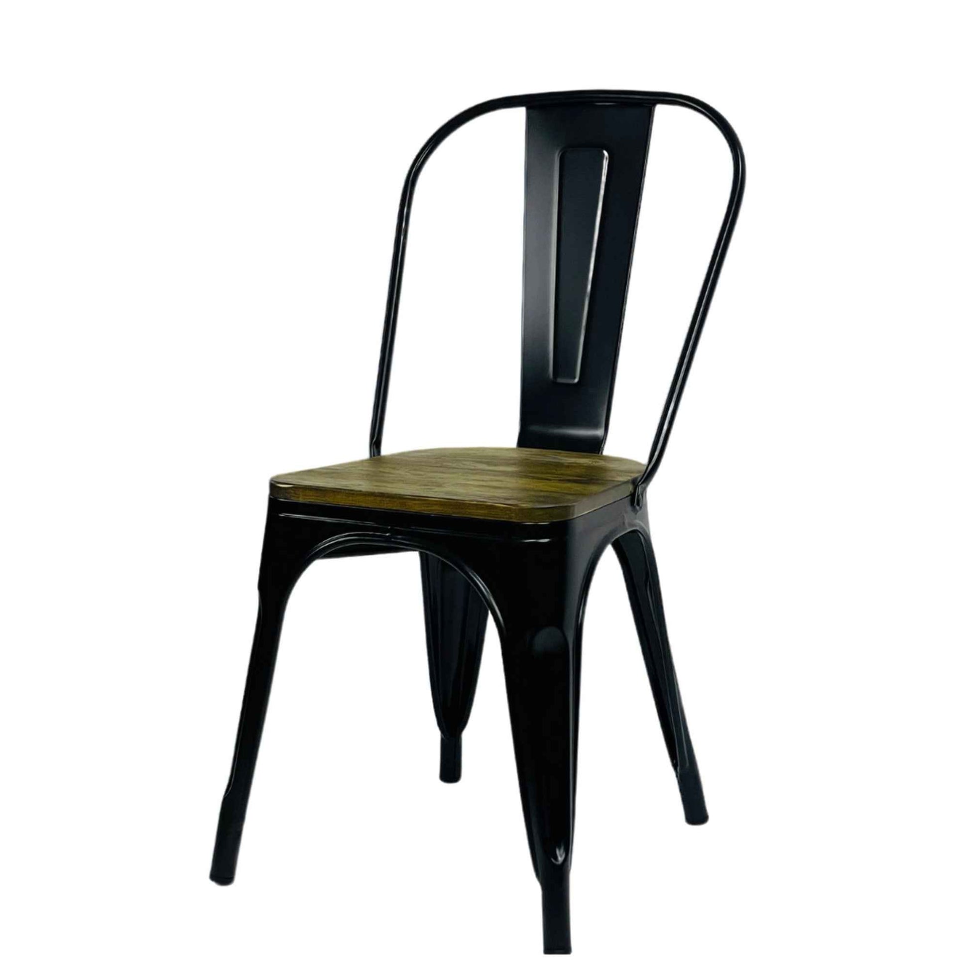 Silla metálica Tolix negra con asiento en madera para comedor o restaurante